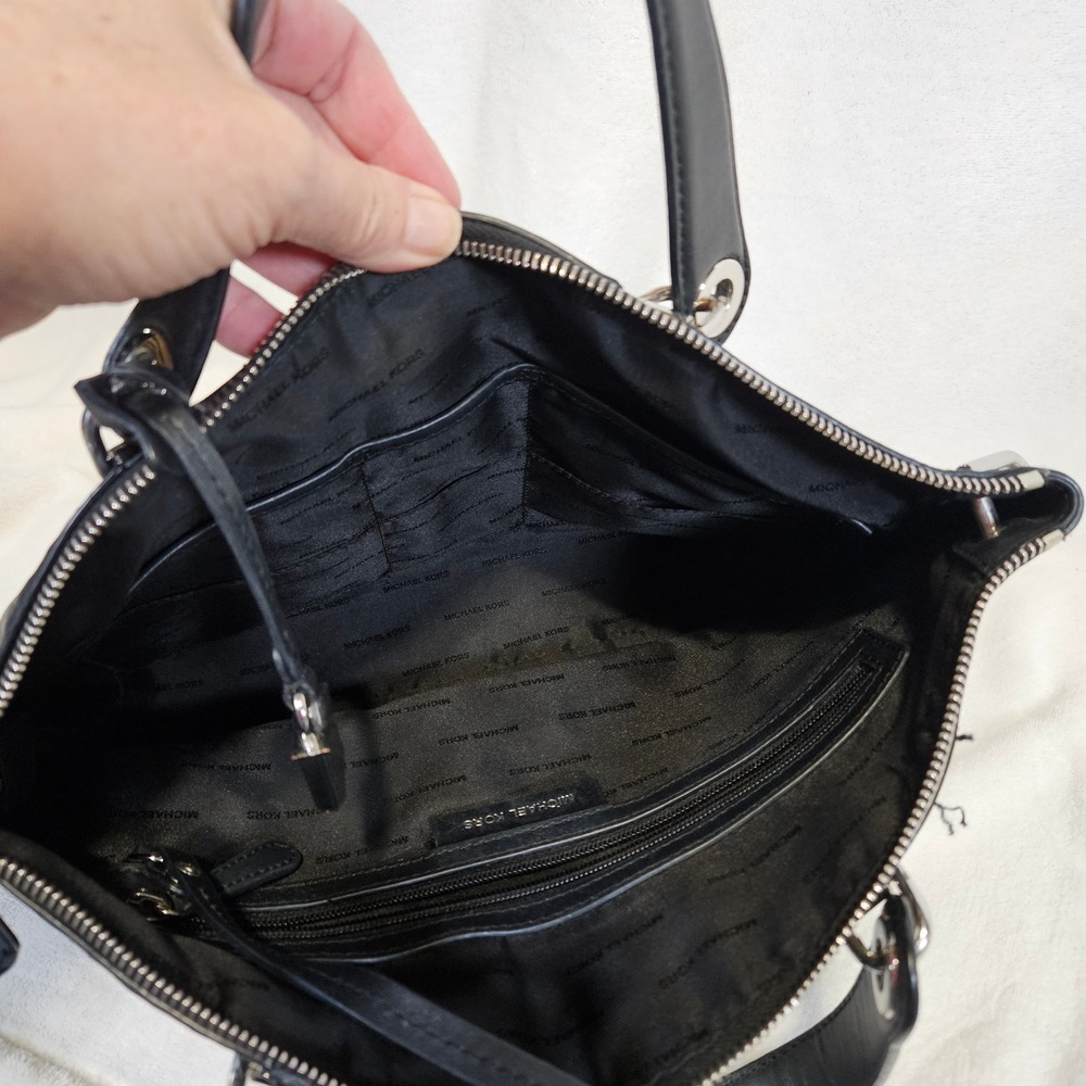 Michael Kors Black Leather Chain Trim Satchel Crossbody Bag Silver Hardware - Picture 6 of 10
